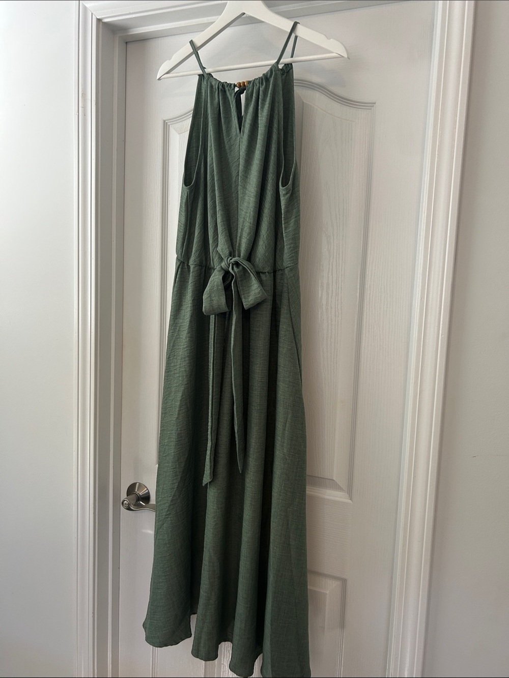 Olive Green Midi Dress with Tie Waist